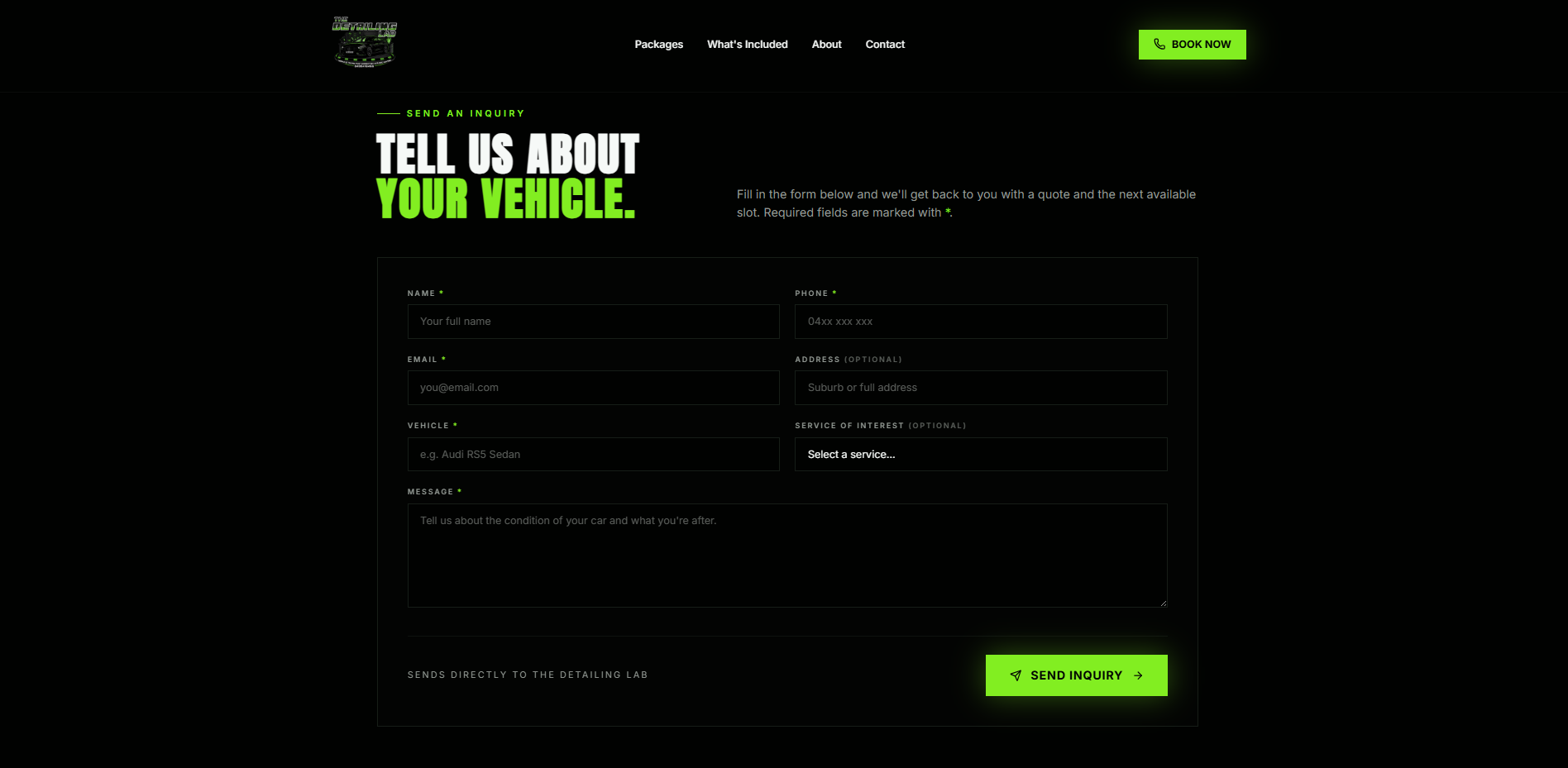 The Detailing Lab inquiry form