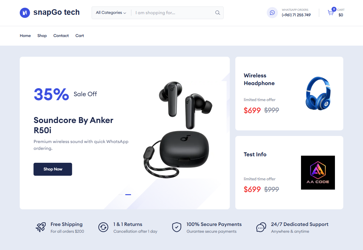 snapGo tech storefront homepage