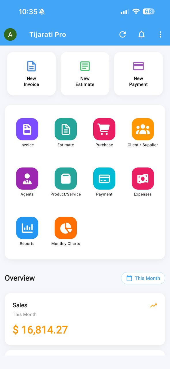 Tijarati Pro home dashboard